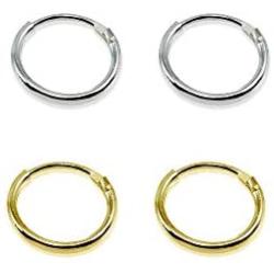 Set of 2 Pairs Sterling Silver & Yellow Gold Flashed Tiny Endless 10mm Round Unisex Hoop Cartilage Earrings
