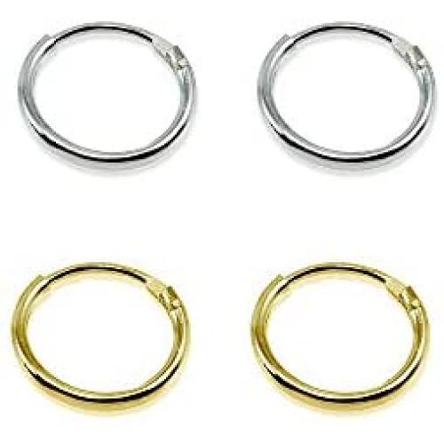 Set of 2 Pairs Sterling Silver & Yellow Gold Flashed Tiny Endless 10mm Round Unisex Hoop Cartilage Earrings