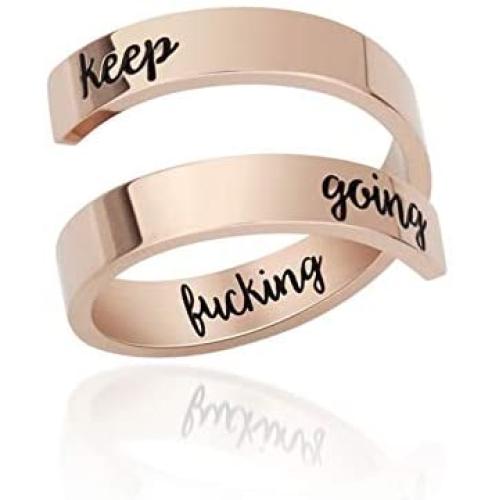 AILUOR Silver Keep Going Ring Inspirational Jewelry Stainless Steel Engraving Size Adjustable Bands Cool Personality Encouragement Gift for Women Teens Girls Statement