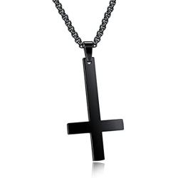 PAURO Mens Stainless Steel Inverted Cross Necklace Pendant with Chain 22 Inches, Black Gold Silver