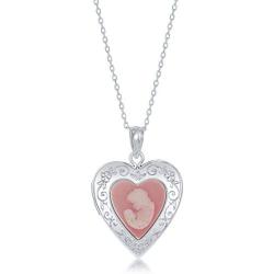Sterling Silver Pink or Blue Rose, Angel & Mother Cameo Designed Heart Locket Necklace