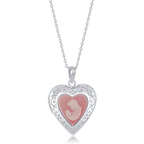 Sterling Silver Pink or Blue Rose, Angel & Mother Cameo Designed Heart Locket Necklace