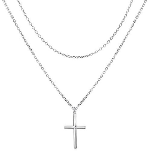 Sterling Silver Jewelry Layered love Heart and Cross Necklace Pendant Handmade Dainty Choker for Women Girls