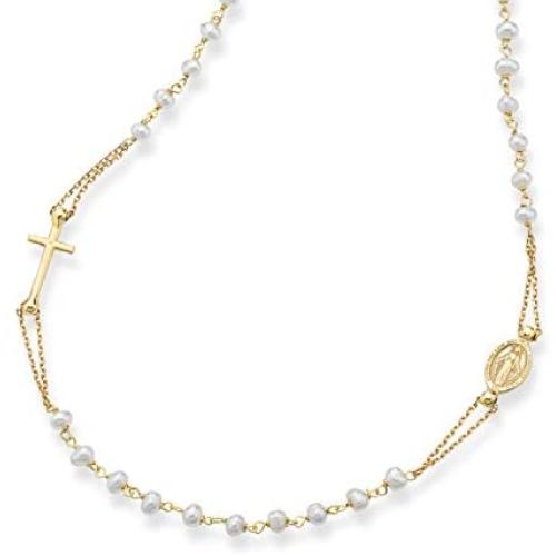 Miabella 18K Gold Over Sterling Silver Handmade Italian White Cultured Freshwater Pearl Ball Beaded Sideways Rosary Cross Necklace for Women Teen Girls, Chain 18, 20 Inch 925 Italy
