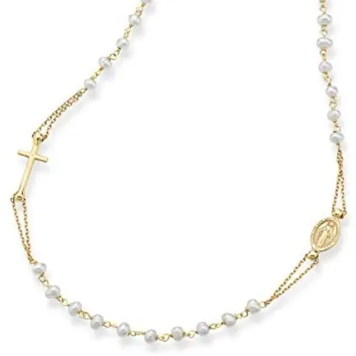 Miabella 18K Gold Over Sterling Silver Handmade Italian White Cultured Freshwater Pearl Ball Beaded Sideways Rosary Cross Necklace for Women Teen Girls, Chain 18, 20 Inch 925 Italy