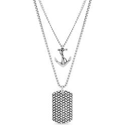 Steve Madden 28 Inch Oxidized Stainless Steel Box and Curb Chain Anchor and Dogtag Duo Pendant Necklace for Men