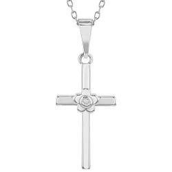 925 Sterling Silver CZ Flower Religious Cross Pendant Necklace Girls Kids 16''