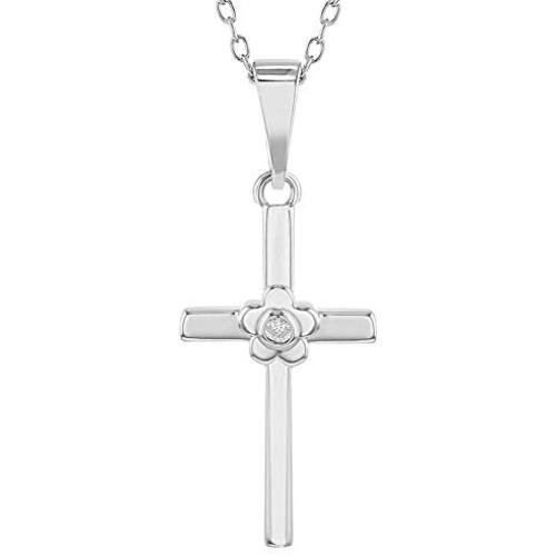 925 Sterling Silver CZ Flower Religious Cross Pendant Necklace Girls Kids 16''