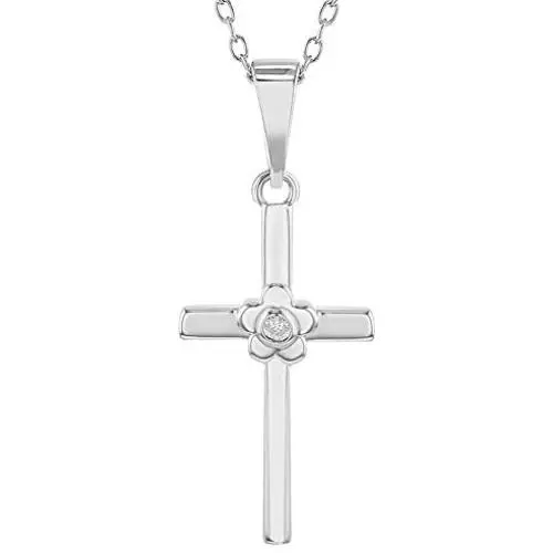 925 Sterling Silver CZ Flower Religious Cross Pendant Necklace Girls Kids 16'' 925 Sterling Silver CZ Flower Religious Cross Pendant Necklace Girls Kids 16''