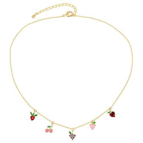 AoedeJ 14K Gold Plated Fruit Basket Choker for Women Girls Cute Summer Tropical Fruit Cherry Grape Apple Crystal Pendant Necklace