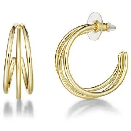 FANCIME Half Open Hoop Stud Earrings Triple Thin/Thick Tube High Polished Hoop Earrings 14K Yellow/White Gold Plated Fashion Statement Jewelry Gift for Women Teens Girls Mom