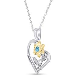 AFFY Personalized Two Tone Sunflower with Heart Pendant Necklace in 14k White Gold Over Sterling Silver