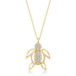 GELIN 14k Yellow Gold Sea Turtle with CZ Pendant Necklace for Women, 18''