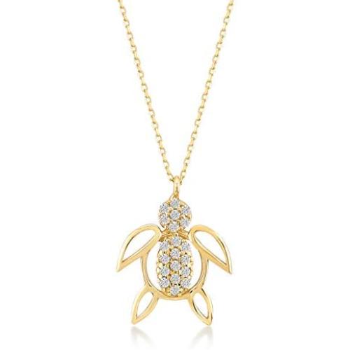 GELIN 14k Yellow Gold Sea Turtle with CZ Pendant Necklace for Women, 18''