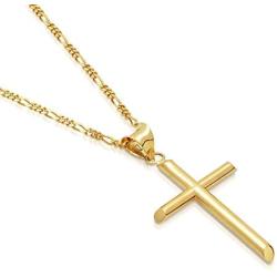 Hollywood Jewelry Cross Faith Pendant 3MM Chain Necklace Real White Gold Plated Religious Cuban Link for Women, Teen & Men Thin for Charms Love Diamonds Cut. USA Made!