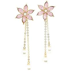Crystal Flower Pearl Dangle Drop Earrings Jewelry 925 Sterling Silver Earring Post Gift For Women Girls
