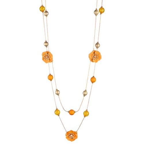 Nicole Miller New York Long Hawaiian Style Summer Orange Floral Rosegold Chain Necklace