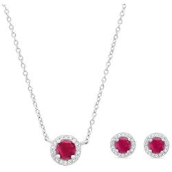 Sterling Silver Genuine Ruby or Emerald Halo Necklace and Halo Stud Earrings Boxed Jewelry Set
