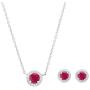 Sterling Silver Genuine Ruby or Emerald Halo Necklace and Halo Stud Earrings Boxed Jewelry Set