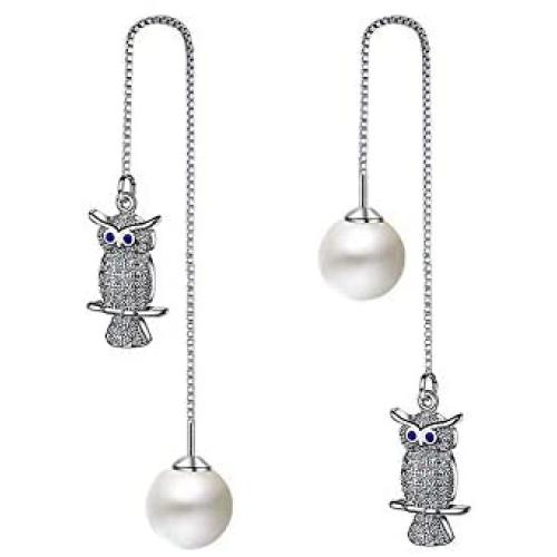 HZJCC Crystal owl dangle earrings for women long chain Artificial pearls earring crystal Animal jewelry valentine gift