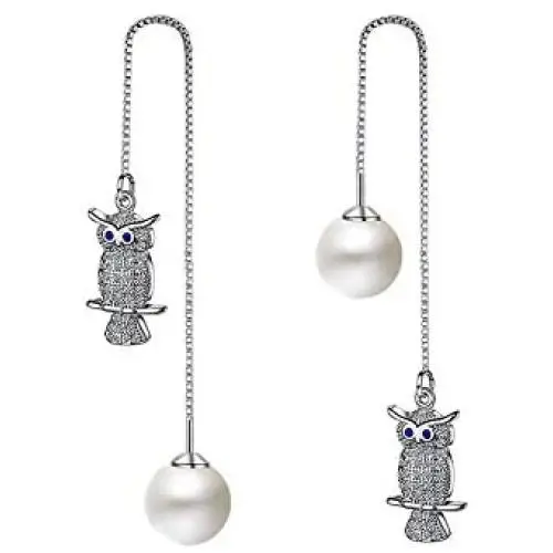HZJCC Crystal owl dangle earrings for women long chain Artificial pearls earring crystal Animal jewelry valentine gift