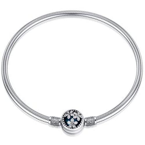 LONAGO Jewelry Moments Daisy Flower Snake Chain Charm 925 Sterling Silver Blue Crystal Bracelet Fit Pandora Charm Birthday Gift for Women Mom