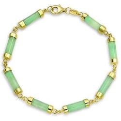 Asian Style Green Dyed Jade Bar Link Bracelet For Women 14K Gold Plated 925 Sterling Silver