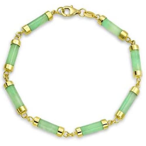 Asian Style Green Dyed Jade Bar Link Bracelet For Women 14K Gold Plated 925 Sterling Silver