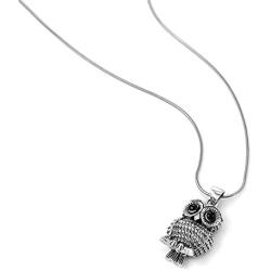 925 Oxidized Sterling Silver Vintage Detail Black Eyes Owl Tree Branch Pendant Necklace, 18 inches