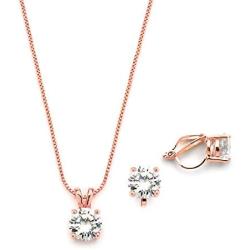 Mariell 14K Rose Gold Cubic Zirconia Jewelry Set - 2cwt Round Pendant with Matching Clip-On Earrings