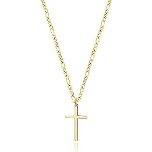 TASBERN Cross Necklace for Men 14K Gold Filled Stainless Steel Polished Plain Cross Pendant Necklace Simple Religious Jewelry Gift for Son Boy