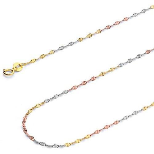 Wellingsale 14k Tri 3 Color Gold Polished Solid 1.5mm Stamp Mirror Star Diamond Cut Chain Necklace