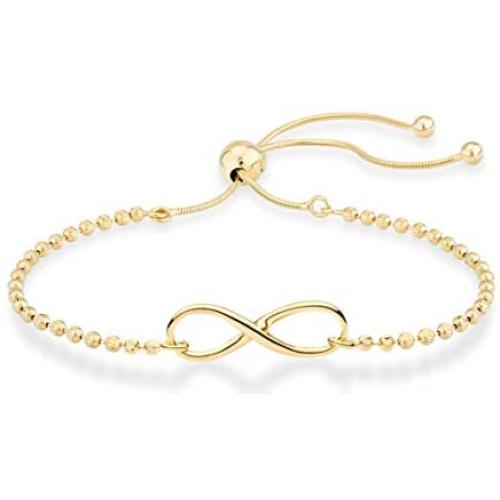 Miabella 925 Sterling Silver Infinity Adjustable Bolo Beaded Ball Chain Bracelet for Women Teen Girls, Choice of 18K Gold Plated or Silver Made in Italy