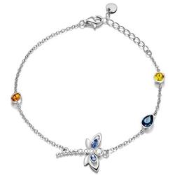 AOBOCO Sterling Silver Dragonfly Bracelet Embellished with Crystals from Austria, Adorable Insects in The Garden Series, Anniversary Birthday Multicolor Dragonfly Jewelry Gifts for Women