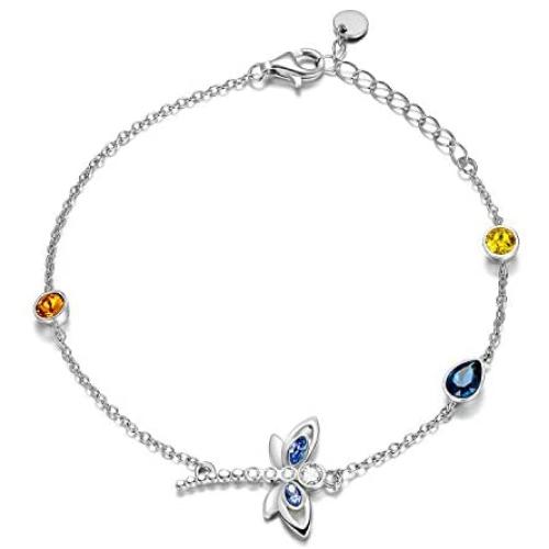 AOBOCO Sterling Silver Dragonfly Bracelet Embellished with Crystals from Austria, Adorable Insects in The Garden Series, Anniversary Birthday Multicolor Dragonfly Jewelry Gifts for Women