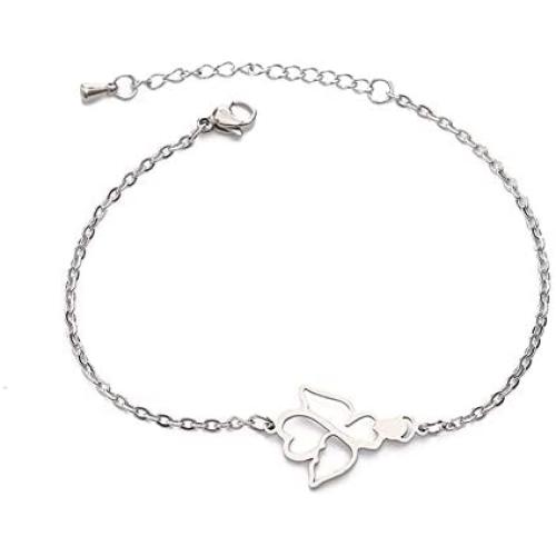 Angel Bracelet Anklet Stainless Steel Hollow Cute Angel Wing Lotus Flower Floral Bracelet for Women Teen Girls Jewelry Graduation Gift