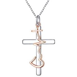 S925 Sterling Silver Faith Hope Love Cross Heartbeat Heart Pendant Necklace Christian Jewelry Gifts for Women Teen Girls