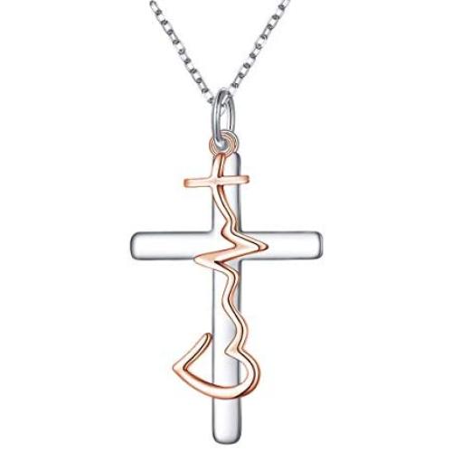 S925 Sterling Silver Faith Hope Love Cross Heartbeat Heart Pendant Necklace Christian Jewelry Gifts for Women Teen Girls