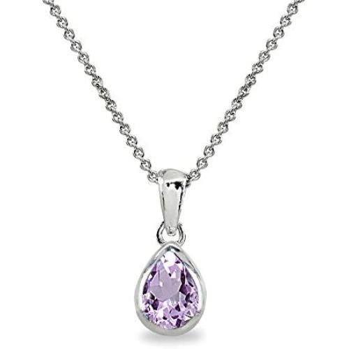 Sterling Silver Genuine or Synthetic Gemstone 8x6mm Teardrop Bezel-Set Dainty Pendant Necklace
