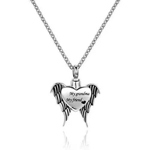 QeenseKc Heart Urn Necklace for Human Pet Ashes Movable Angel Wings Cremation Keepsake Memorial Pendant Jewelry
