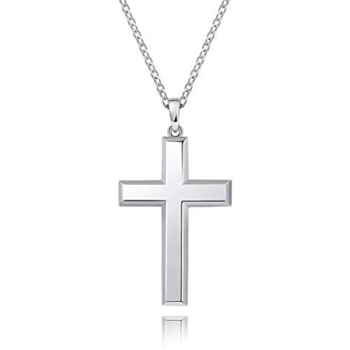 MONBO Cool Cross Pendant Necklace Classic High Polish Sterling Silver Shiny Cross Pendant Long Necklace for Men/Women