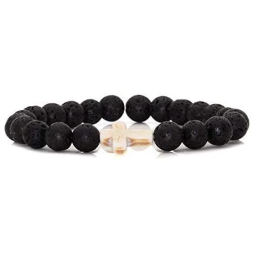 Xusamss Fashion 8mm Lava Rock Essential Oil Diffuser Bracelet Religious Cross Elastic Link Bracelet,7 1/2 Wrist