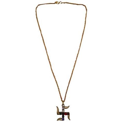 MYRA INC Golden Color Navratan Gemstones Swastik Pendant For Good Luck