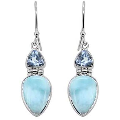 YoTreasure 1.61'' Larimar Blue Topaz Solid 925 Sterling Silver Dangle Earrings