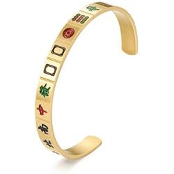 INRENG Mens Womens Stainless Steel Creative Mahjong Cuff Bangle Bracelet Lucky Mah Jong Mah-Jongg Personalized Jewelry