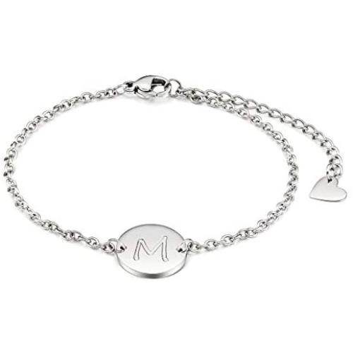 THREE KEYS JEWELRY Silver Initial Bracelet for Women Gifts Stainless Steel Dainty Coin Name Initial Charm Bracelet Alphabet Letter Pendant Initial Bracelets for Girls with Initial