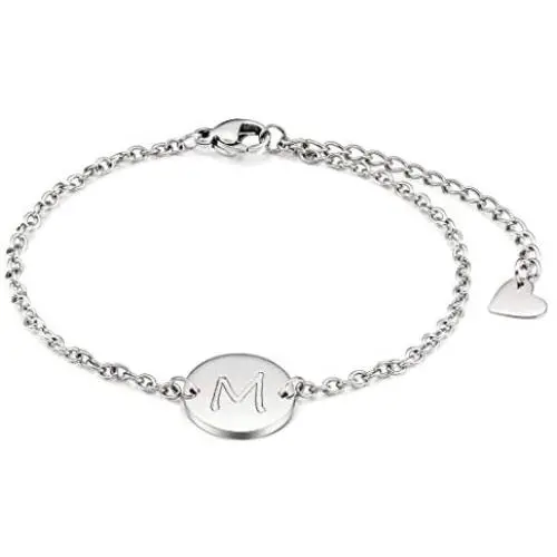 THREE KEYS JEWELRY Silver Initial Bracelet for Women Gifts Stainless Steel Dainty Coin Name Initial Charm Bracelet Alphabet Letter Pendant Initial Bracelets for Girls with Initial