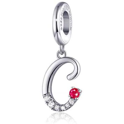 FOREVER QUEEN 925 Sterling Silver A-Z Letter Initial Dangle Beads Charm Red Zircon Alphabet Pendants for Snake Chain Bracelets Necklace Gift Jewelry for Mother