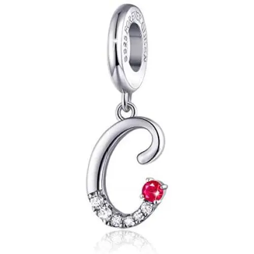 FOREVER QUEEN 925 Sterling Silver A-Z Letter Initial Dangle Beads Charm Red Zircon Alphabet Pendants for Snake Chain Bracelets Necklace Gift Jewelry for Mother