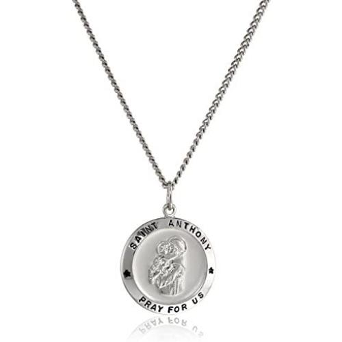 Sterling Silver Round Saint Anthony Pendant Necklace with Rhodium Plated Stainless Steel Chain, 20''